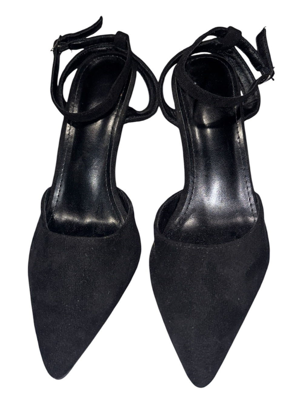 Classic Black Ankle-Strap Pointed Toe Kitten Heels - Size 41 (US Size 10)